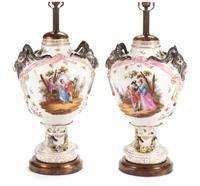 A Pair of Dresden Porcelain Urns Height of porcelain 20 inches. — 19TH CENTURY