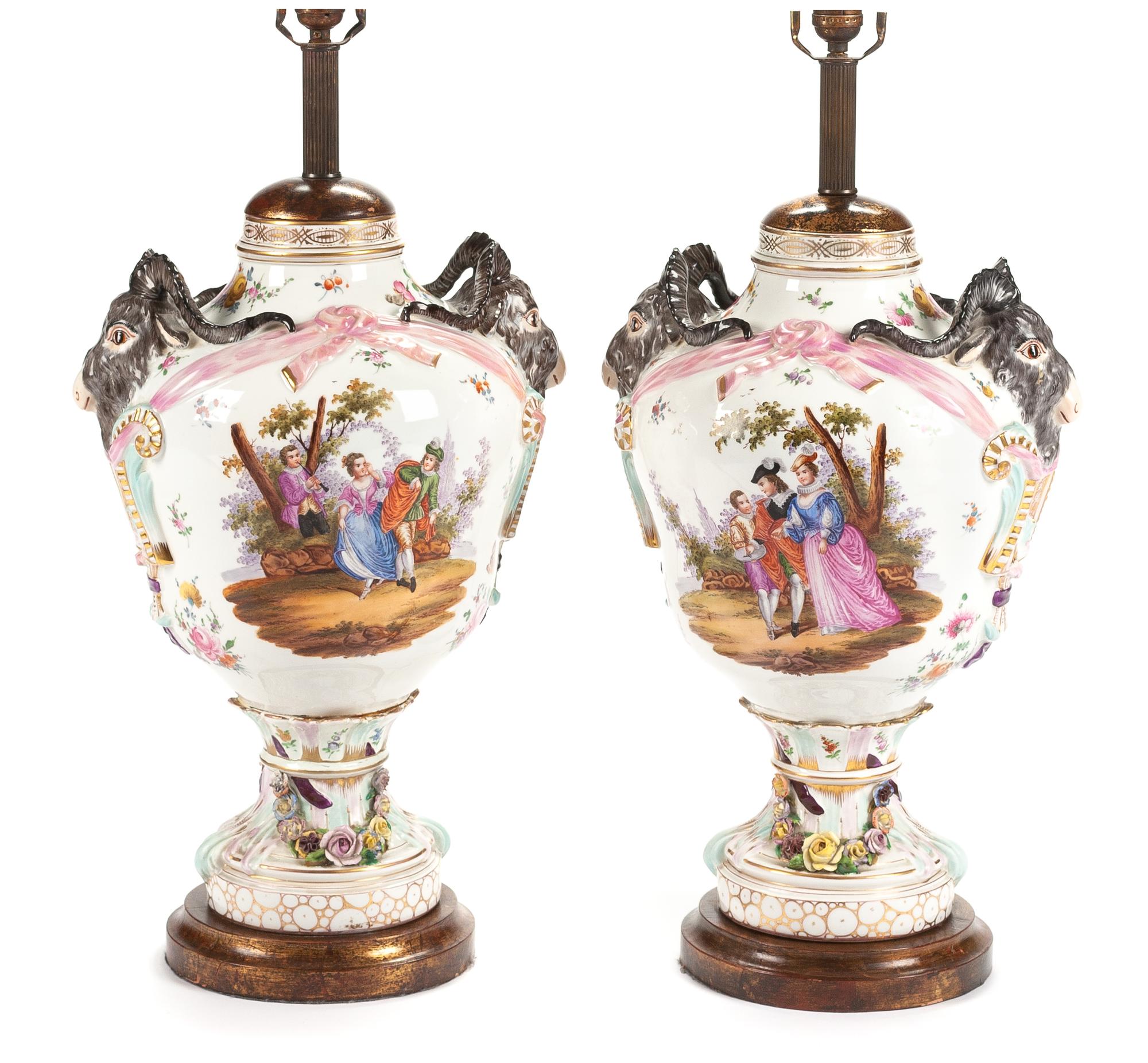 A Pair of Dresden Porcelain Urns Height of porcelain 20 inches. — 19TH CENTURY