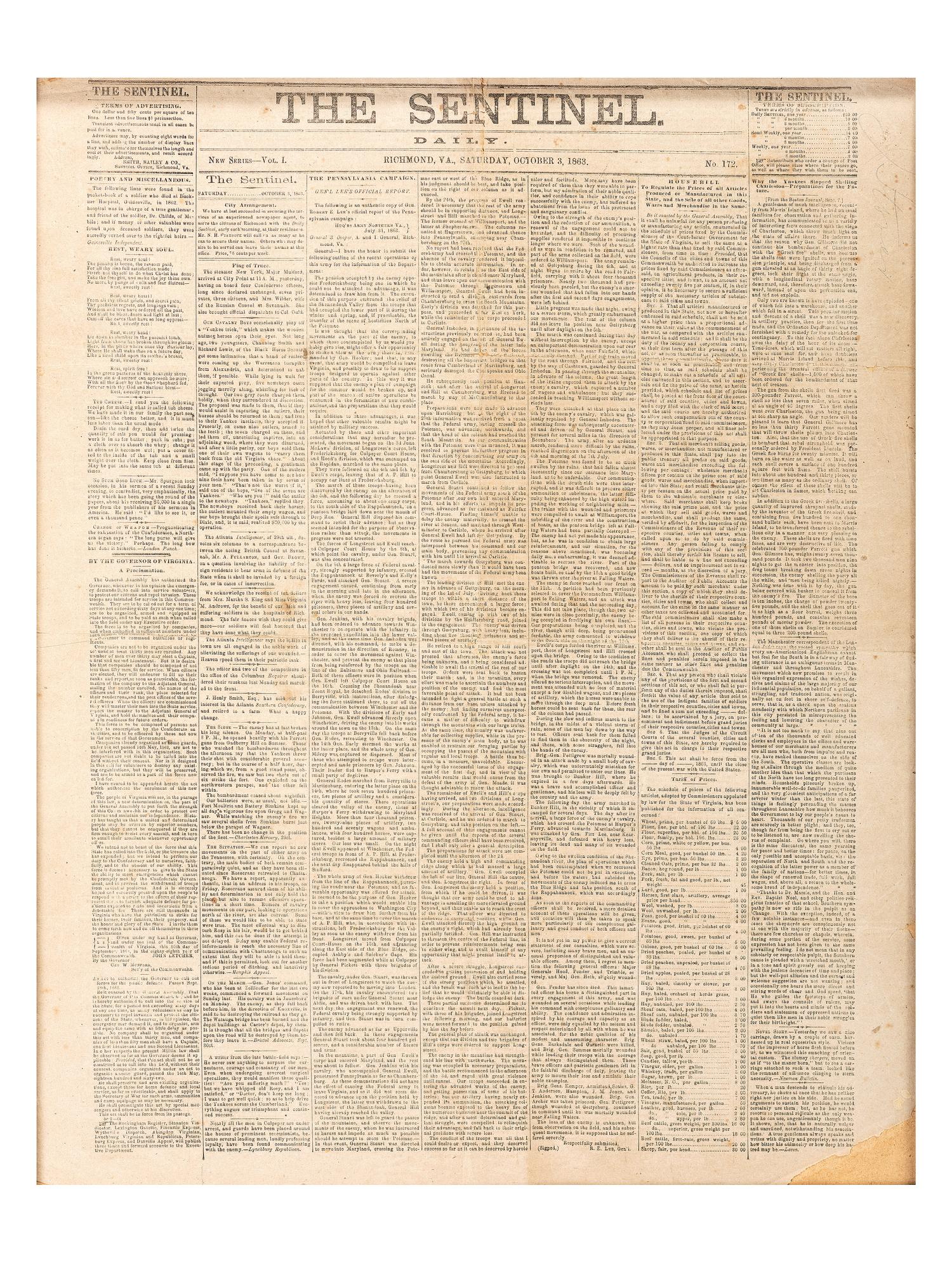 [CIVIL WAR - GETTYSBURG]. The Sentinel . Vol. I, No. 172. Richmond, VA: 3 October 1863.