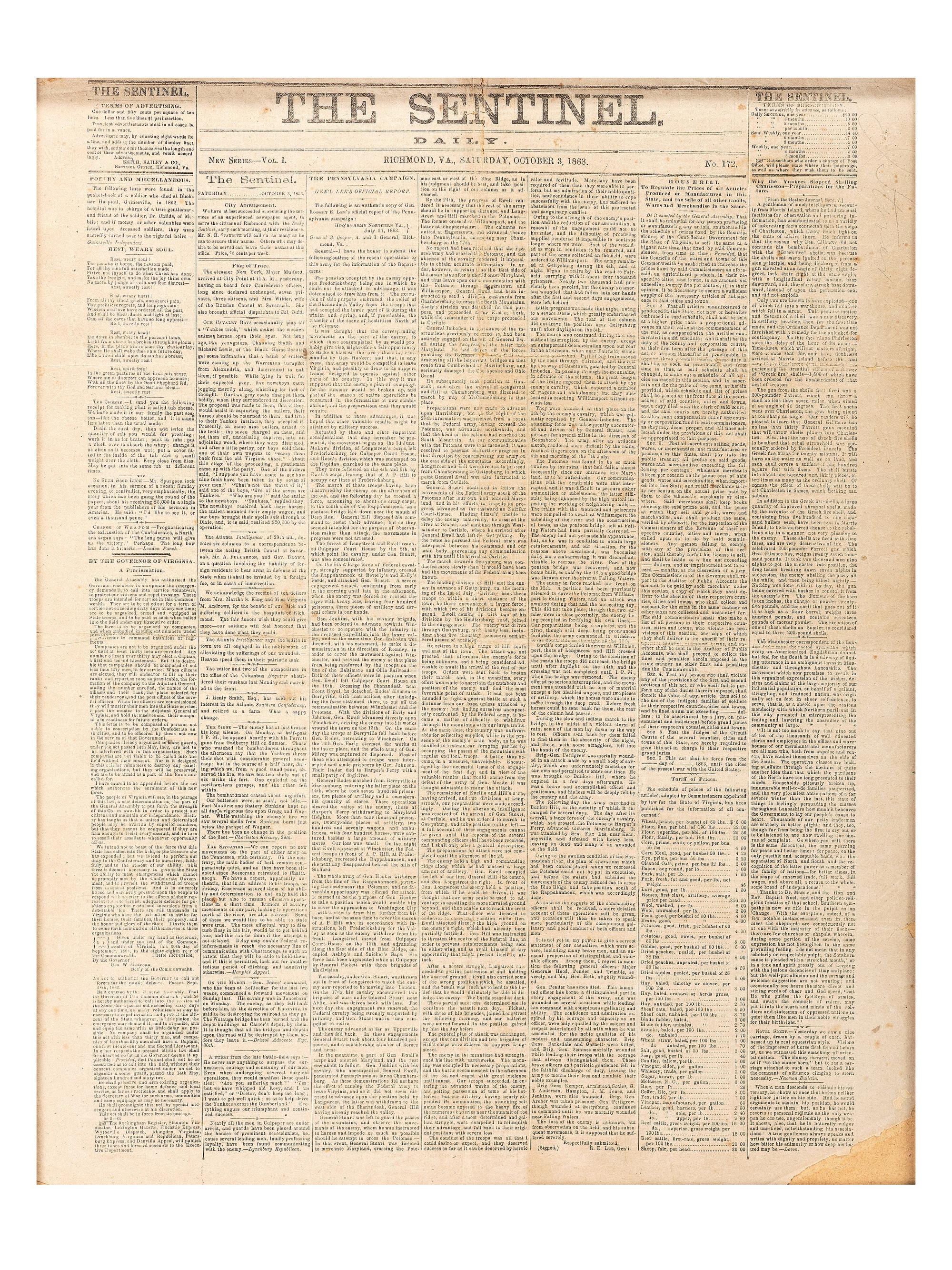 [CIVIL WAR - GETTYSBURG]. The Sentinel . Vol. I, No. 172. Richmond, VA: 3 October 1863.