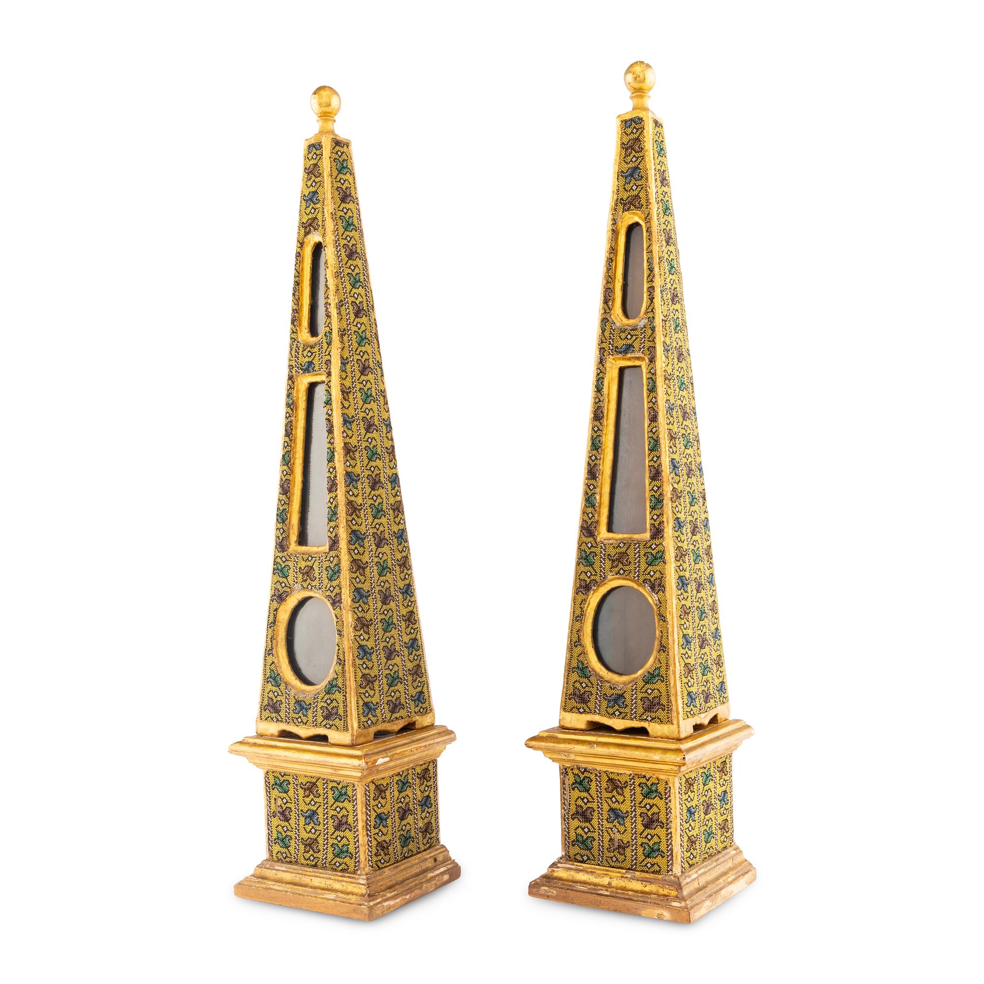 A Pair of Continental Beadwork and Giltwood Obelisks