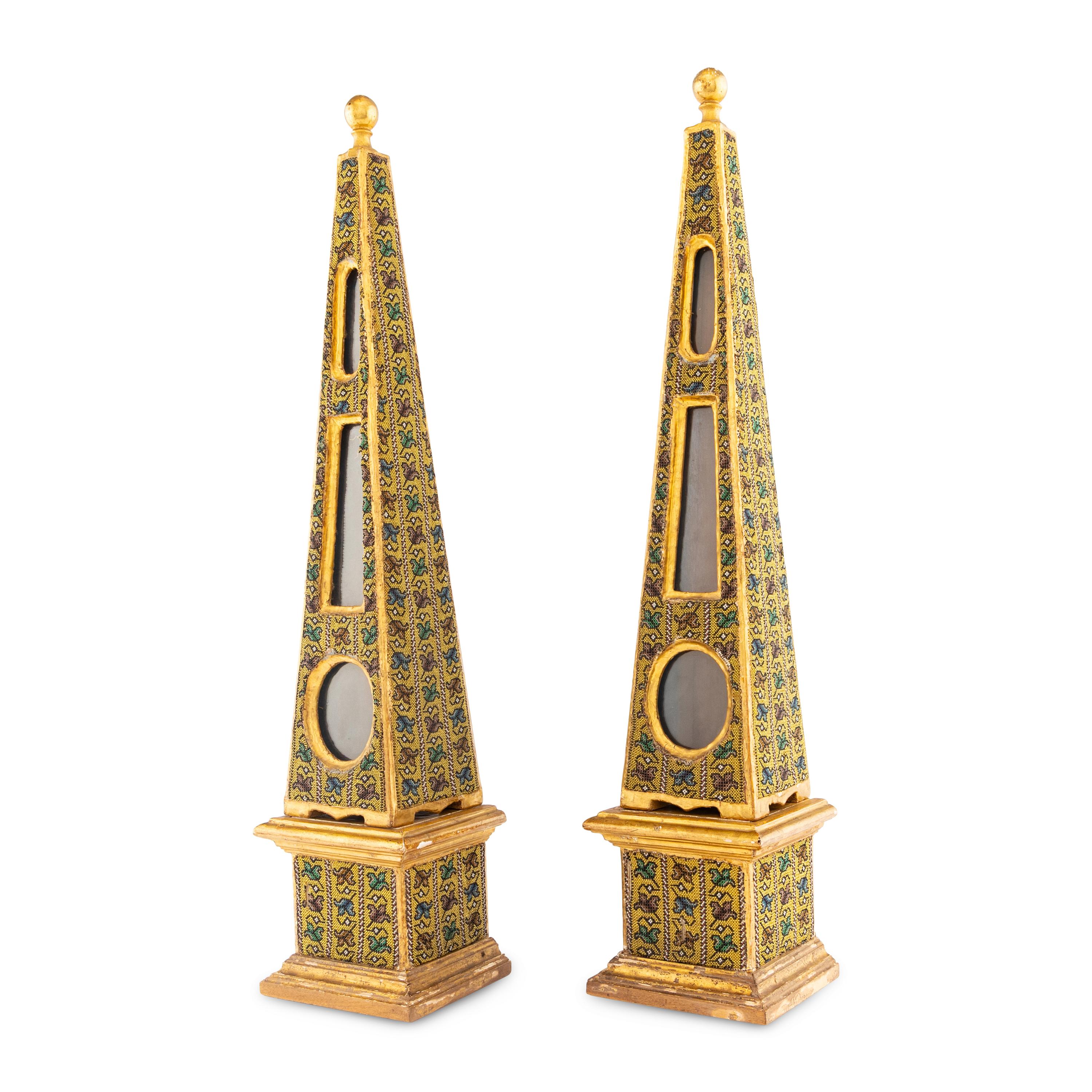 A Pair of Continental Beadwork and Giltwood Obelisks