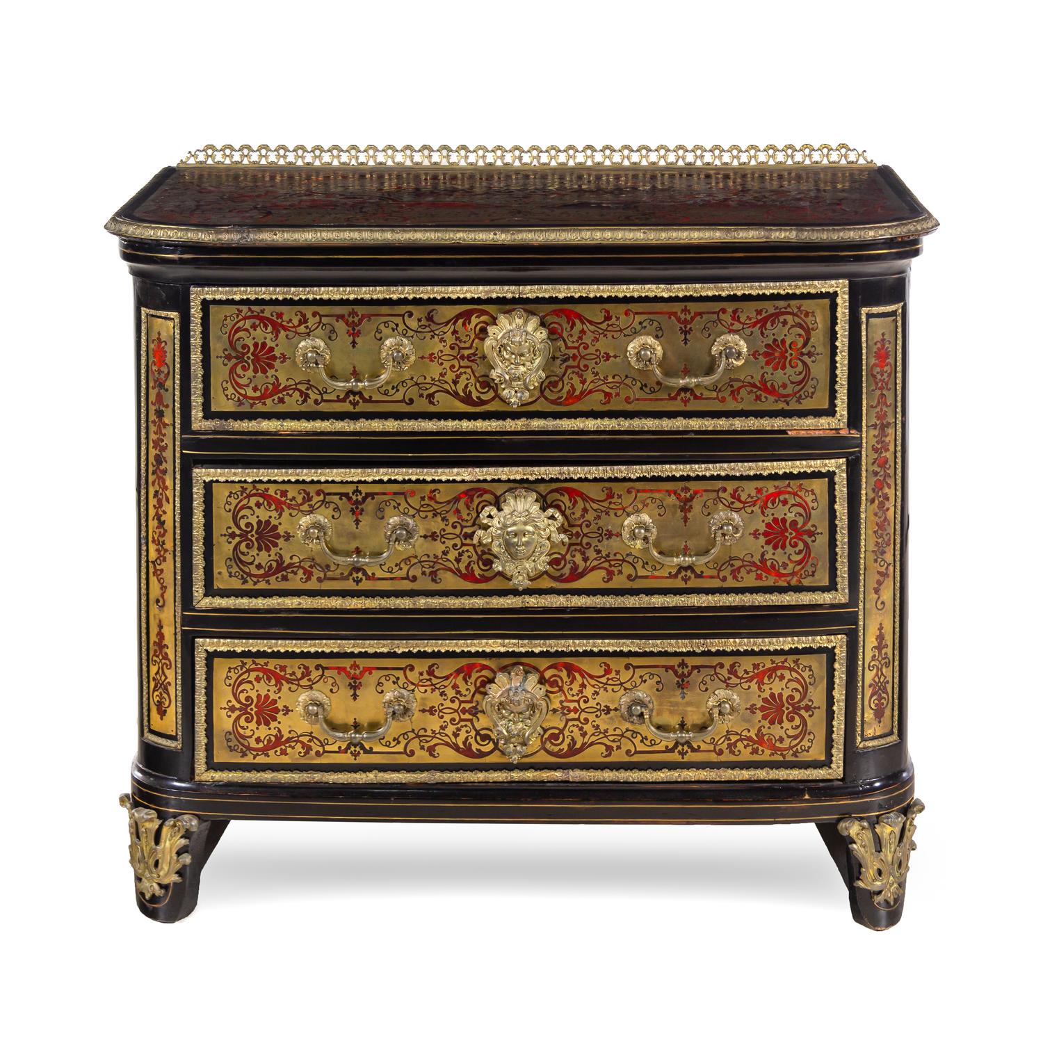 A Louis XIV Gilt Bronze Mounted Tortoise Shell and Brass Marquetry Commode in the Manner of André-Charles Boulle