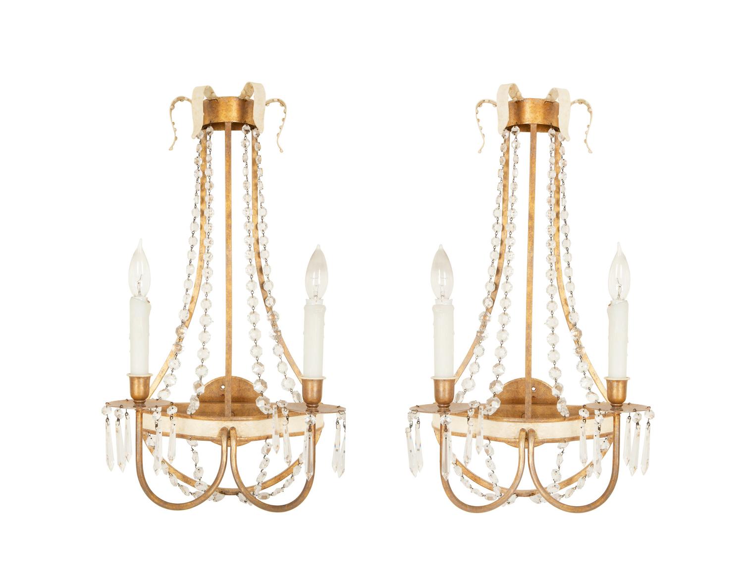 A Pair of Swedish Parcel Gilt Two-Light Sconces with Cut Glass Beaded Swags