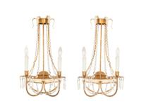 A Pair of Swedish Parcel Gilt Two-Light Sconces with Cut Glass Beaded Swags