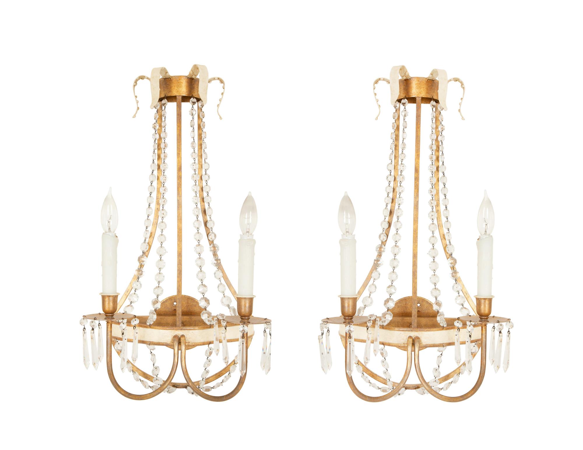 A Pair of Swedish Parcel Gilt Two-Light Sconces with Cut Glass Beaded Swags