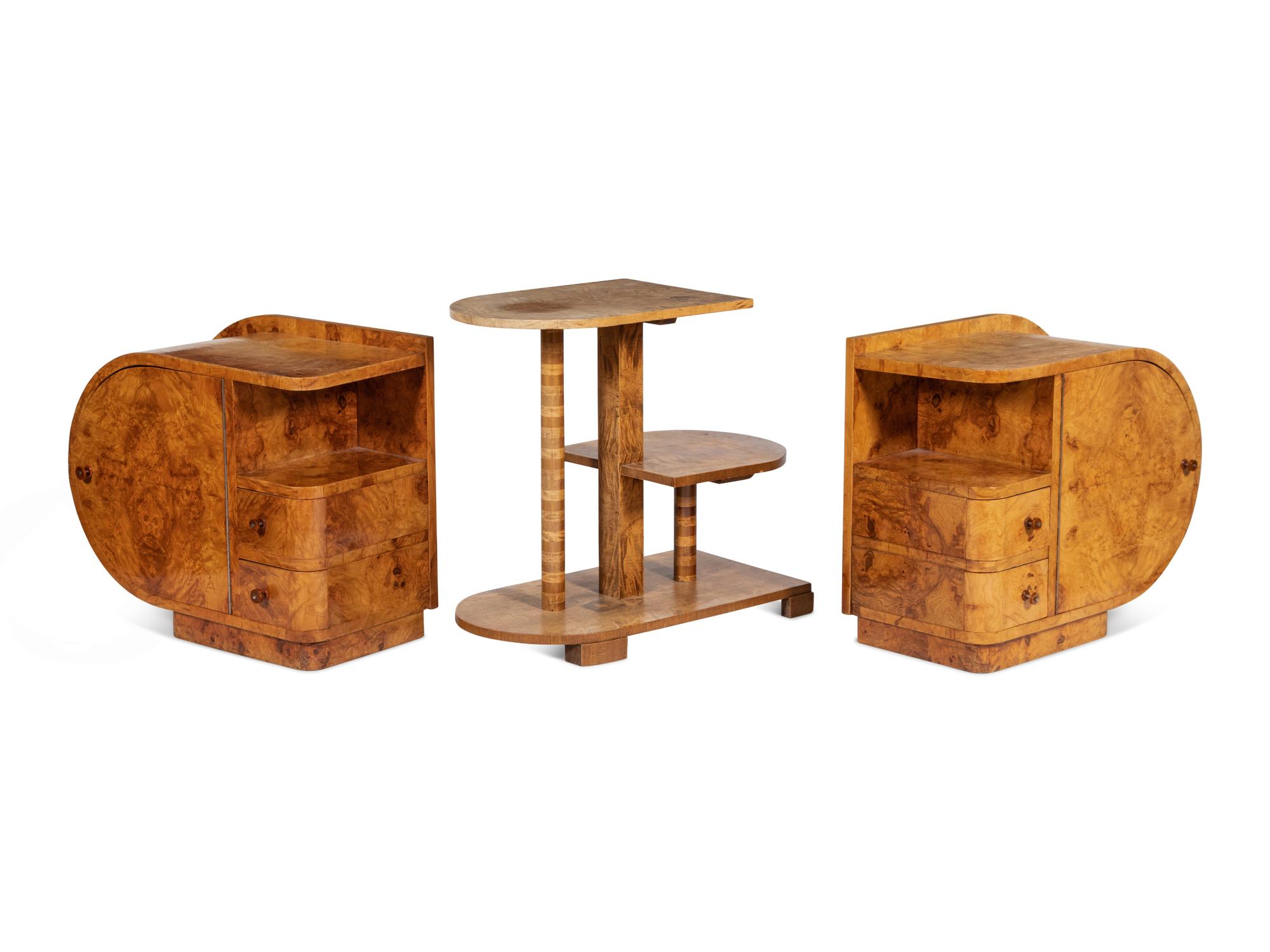 A Group of Three Art Deco Burlwood Side Tables