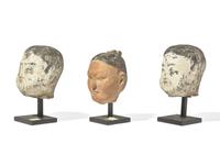 Three Chinese Painted Pottery Heads, Han Dynasty 漢 彩繪陶俑頭像三件