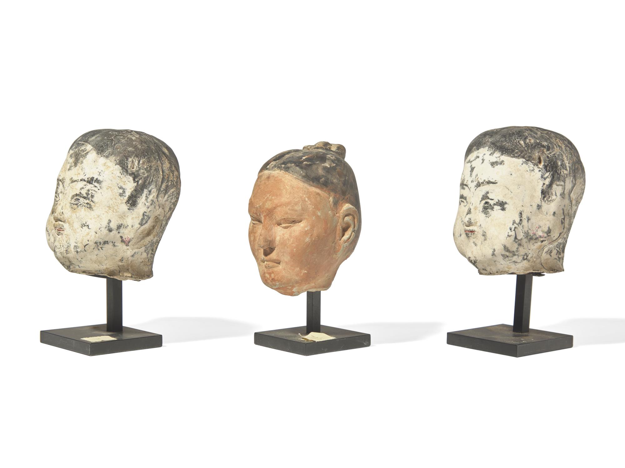 Three Chinese Painted Pottery Heads, Han Dynasty 漢 彩繪陶俑頭像三件