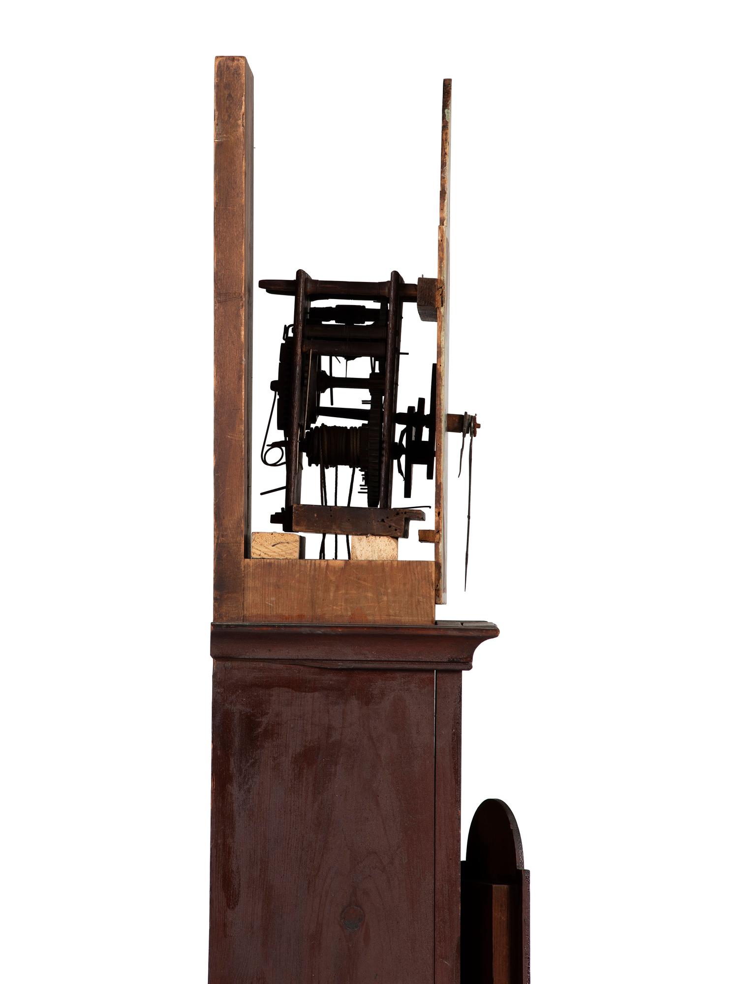 A Country Chippendale Red Painted Pine Wooden Works Tall Case Clock
