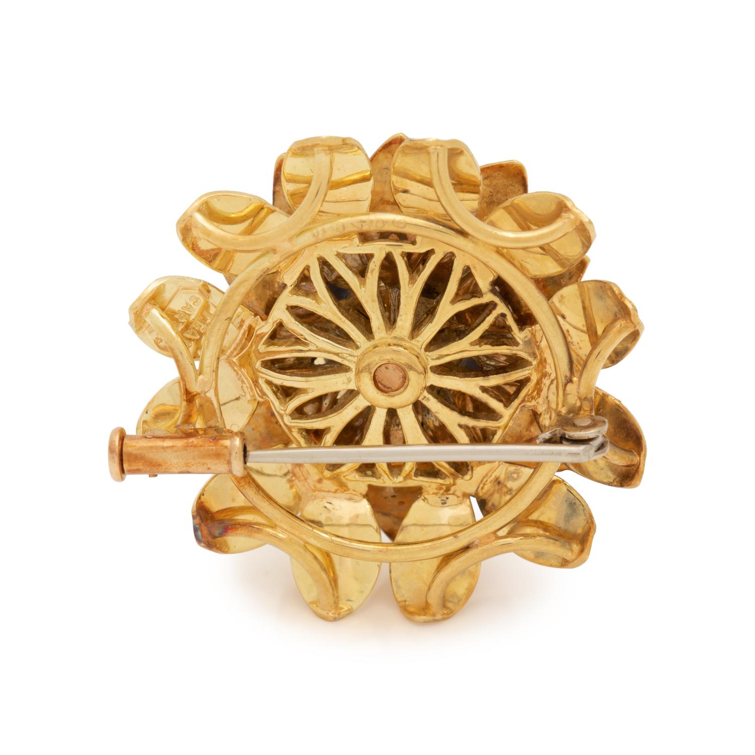 CARTIER, YELLOW GOLD, ENAMEL AND DIAMOND FLOWER BROOCH