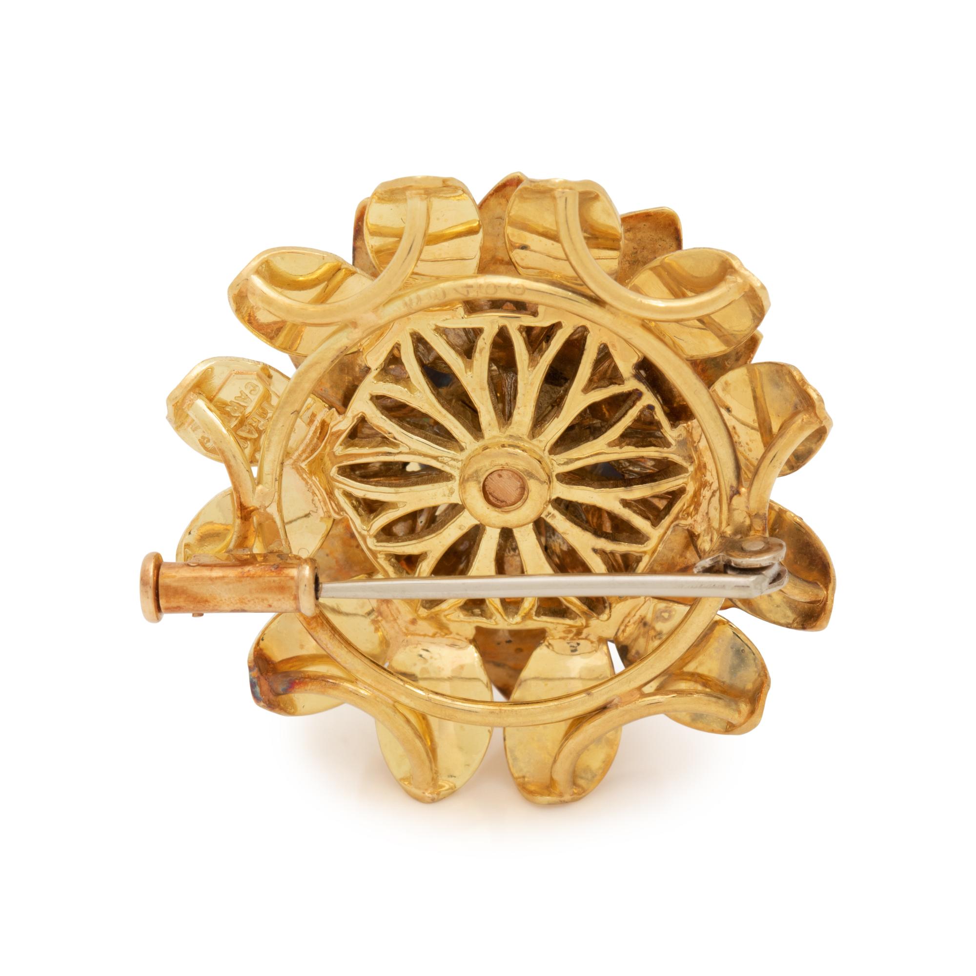 CARTIER, YELLOW GOLD, ENAMEL AND DIAMOND FLOWER BROOCH