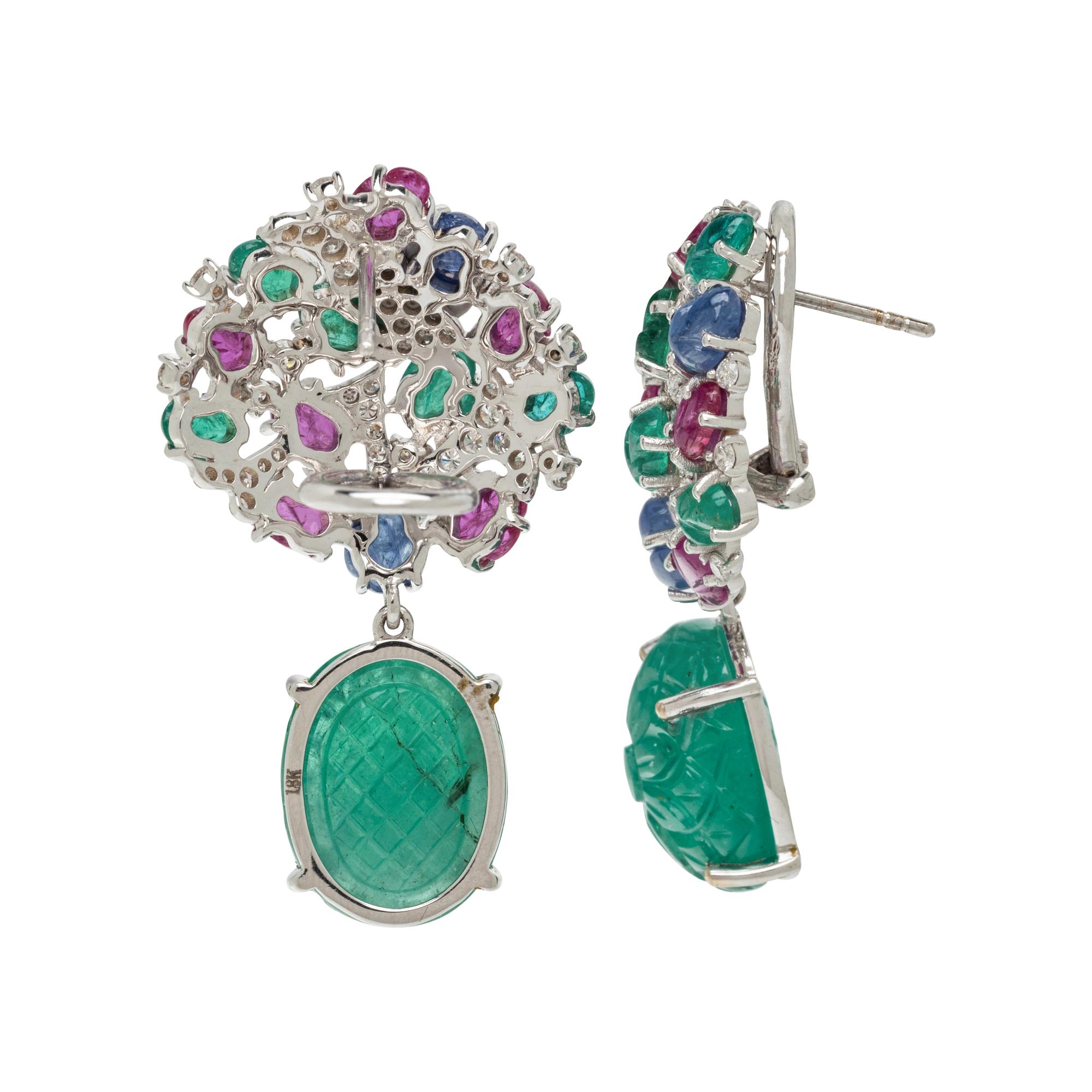CARVED MULTIGEM AND DIAMOND EARCLIPS