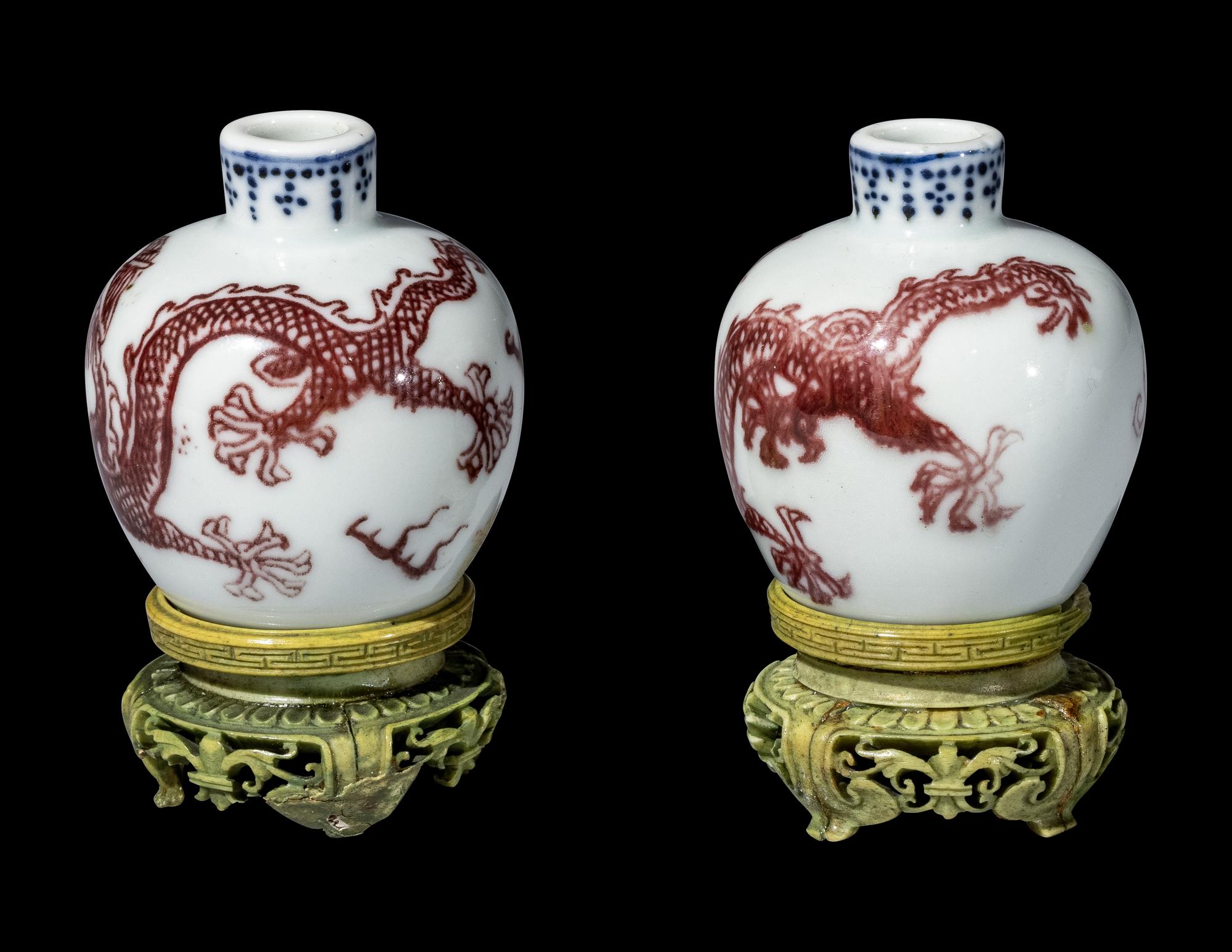 A Pair of Chinese Copper-Red Decorated Blue and White Miniature Jars