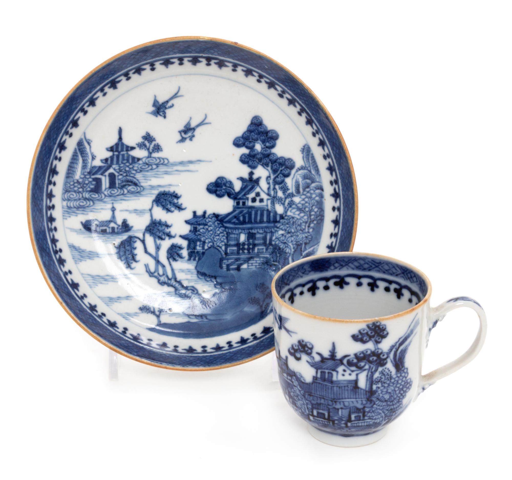 A Chinese Export Canton Blue and White Porcelain Cup and Saucer Diameter of saucer 5 inches. — 19TH CENTURY