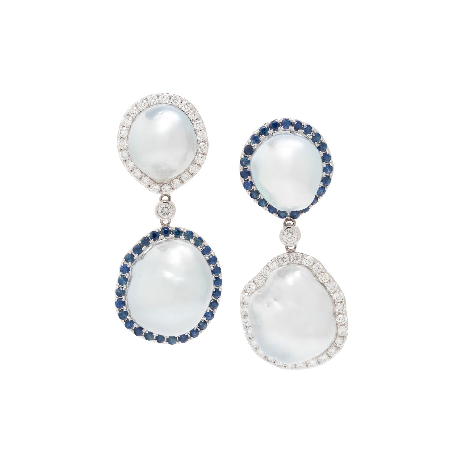 BAROQUE CULTURED PEARL, DIAMOND AND SAPPHIRE EARCLIPS