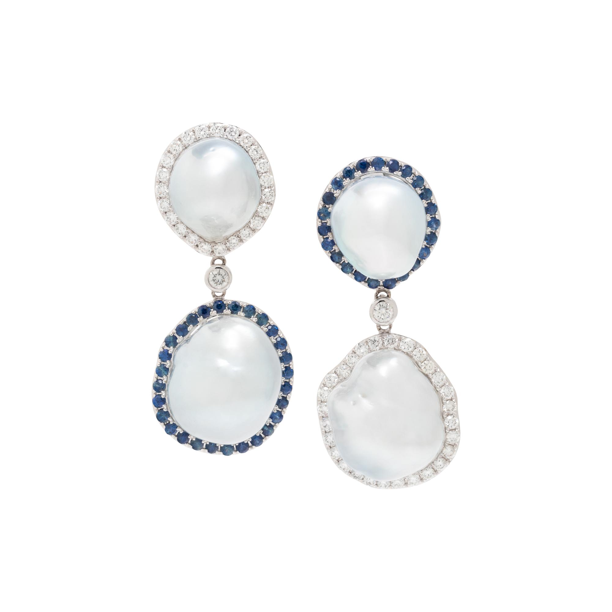 BAROQUE CULTURED PEARL, DIAMOND AND SAPPHIRE EARCLIPS