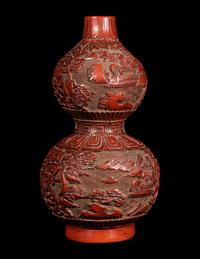 A Chinese Cinnabar Lacquer Gourd-form 'Landscapes' Vase