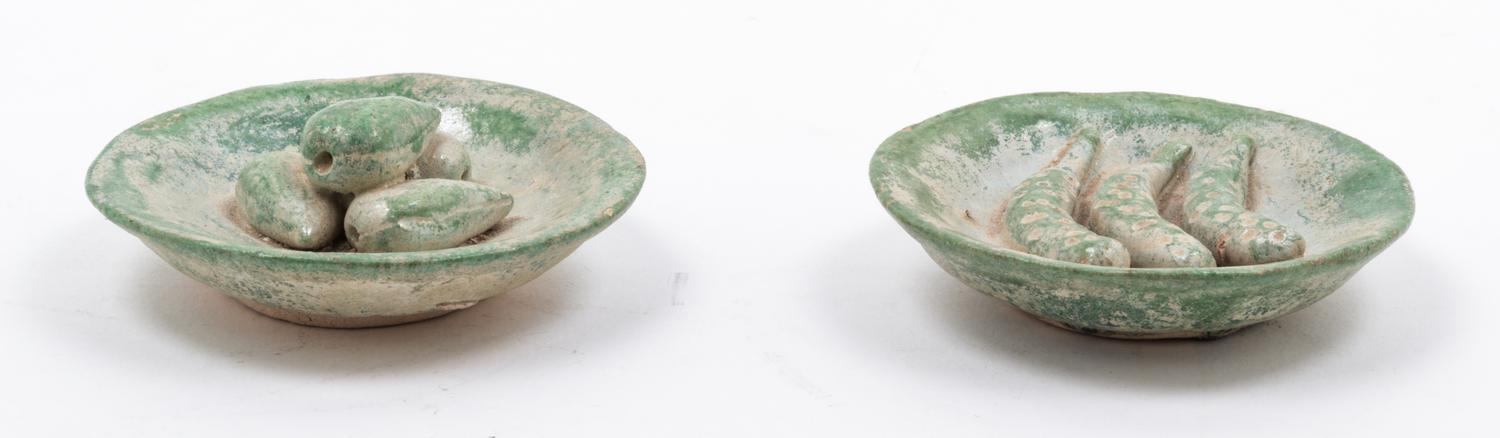 Two Green Glazed Pottery Offering Dishes Diameter 4 1/4 inches.