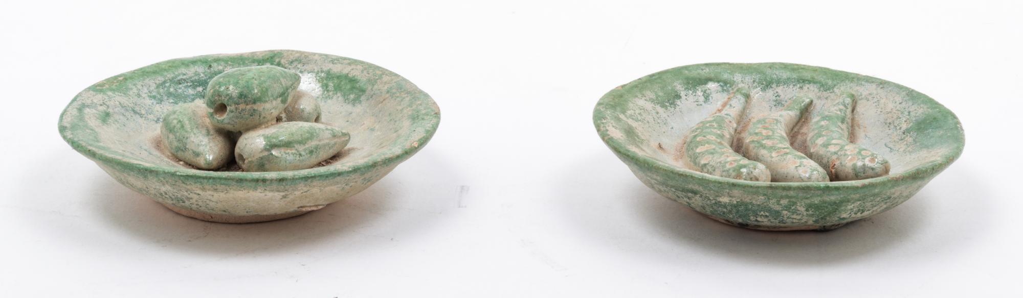 Two Green Glazed Pottery Offering Dishes Diameter 4 1/4 inches.