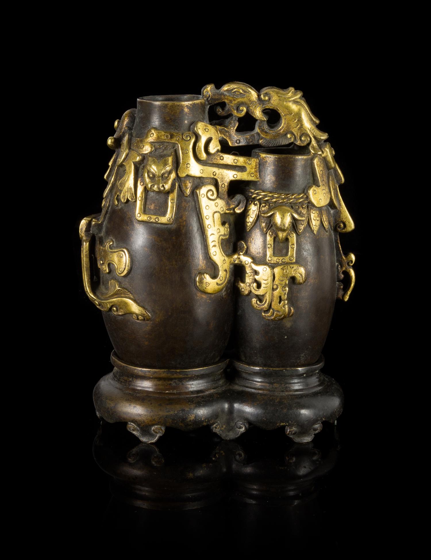 A Gilt Decorated Bronze Double Vase