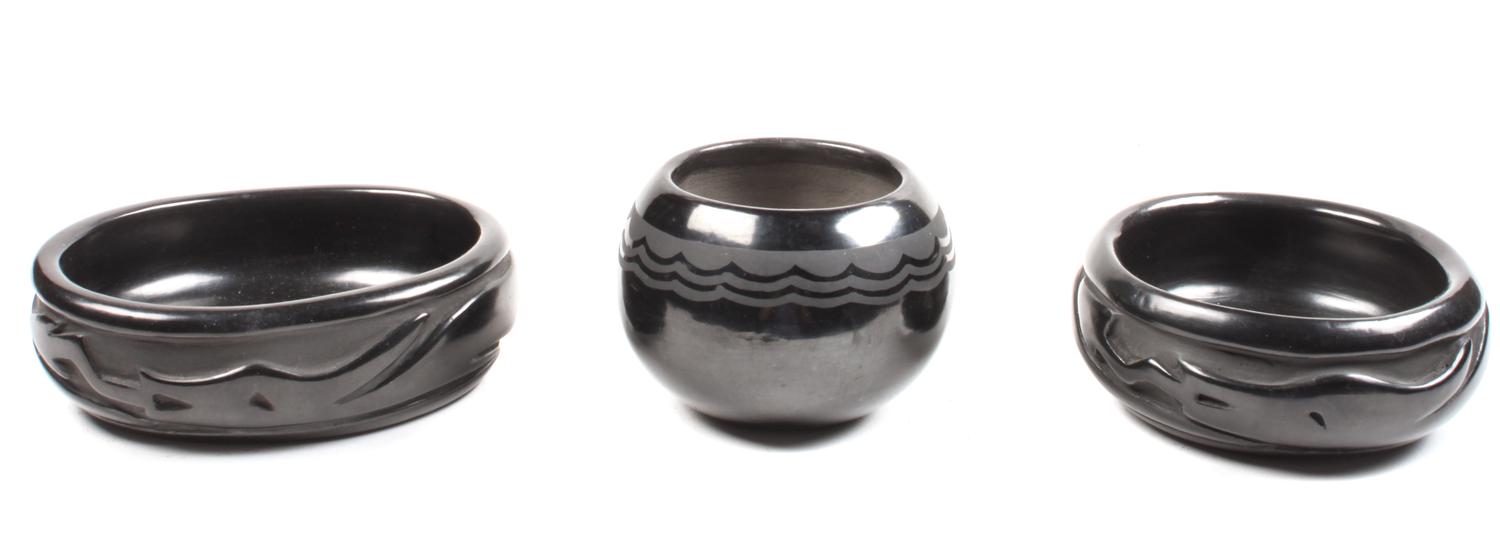 Three Pueblo Pottery Blackware Bowls Height of first 3 x diameter 4 inches