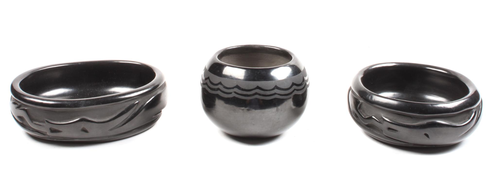 Three Pueblo Pottery Blackware Bowls Height of first 3 x diameter 4 inches