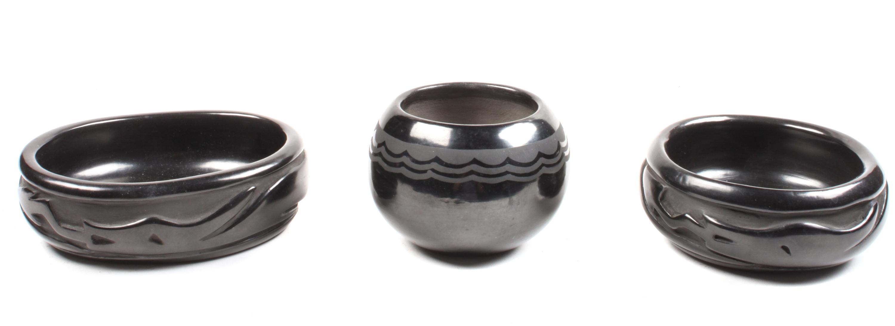 Three Pueblo Pottery Blackware Bowls Height of first 3 x diameter 4 inches