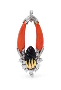 An 18 Karat Yellow Gold, Platinum, Coral, Onyx and Diamond Pendant, Kutchinsky, 13.50 dwts.