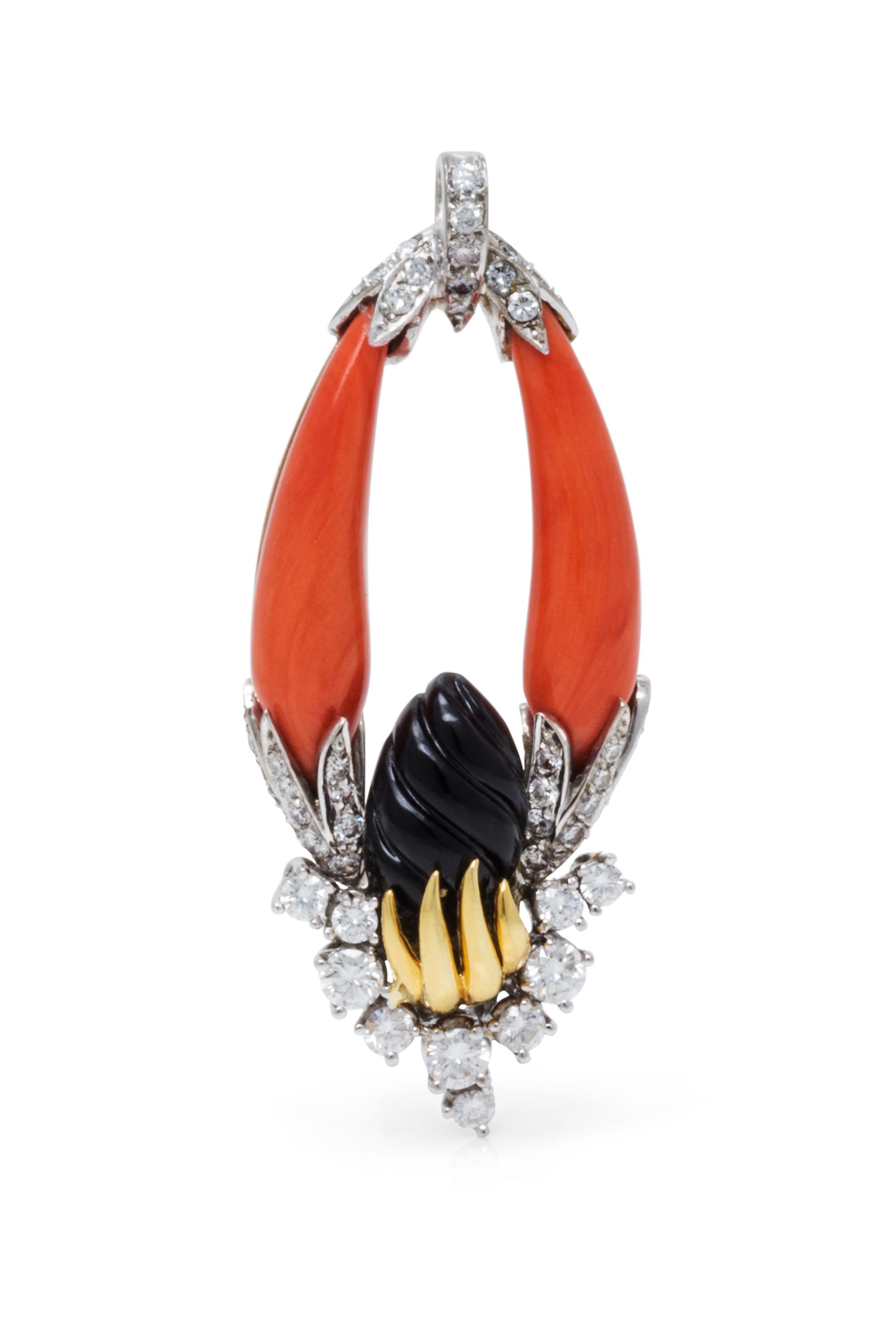 An 18 Karat Yellow Gold, Platinum, Coral, Onyx and Diamond Pendant, Kutchinsky, 13.50 dwts.