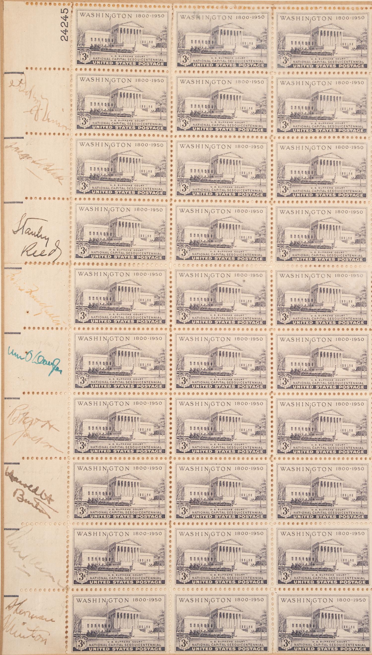 [SUPREME COURT]. Sheet of National Capital Centennial stamps SIGNED BY THE NINE JUSTICES OF THE VINSON COURT. [Washington, D.C.], ca 1949.