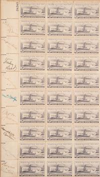 [SUPREME COURT]. Sheet of National Capital Centennial stamps SIGNED BY THE NINE JUSTICES OF THE VINSON COURT. [Washington, D.C.], ca 1949.