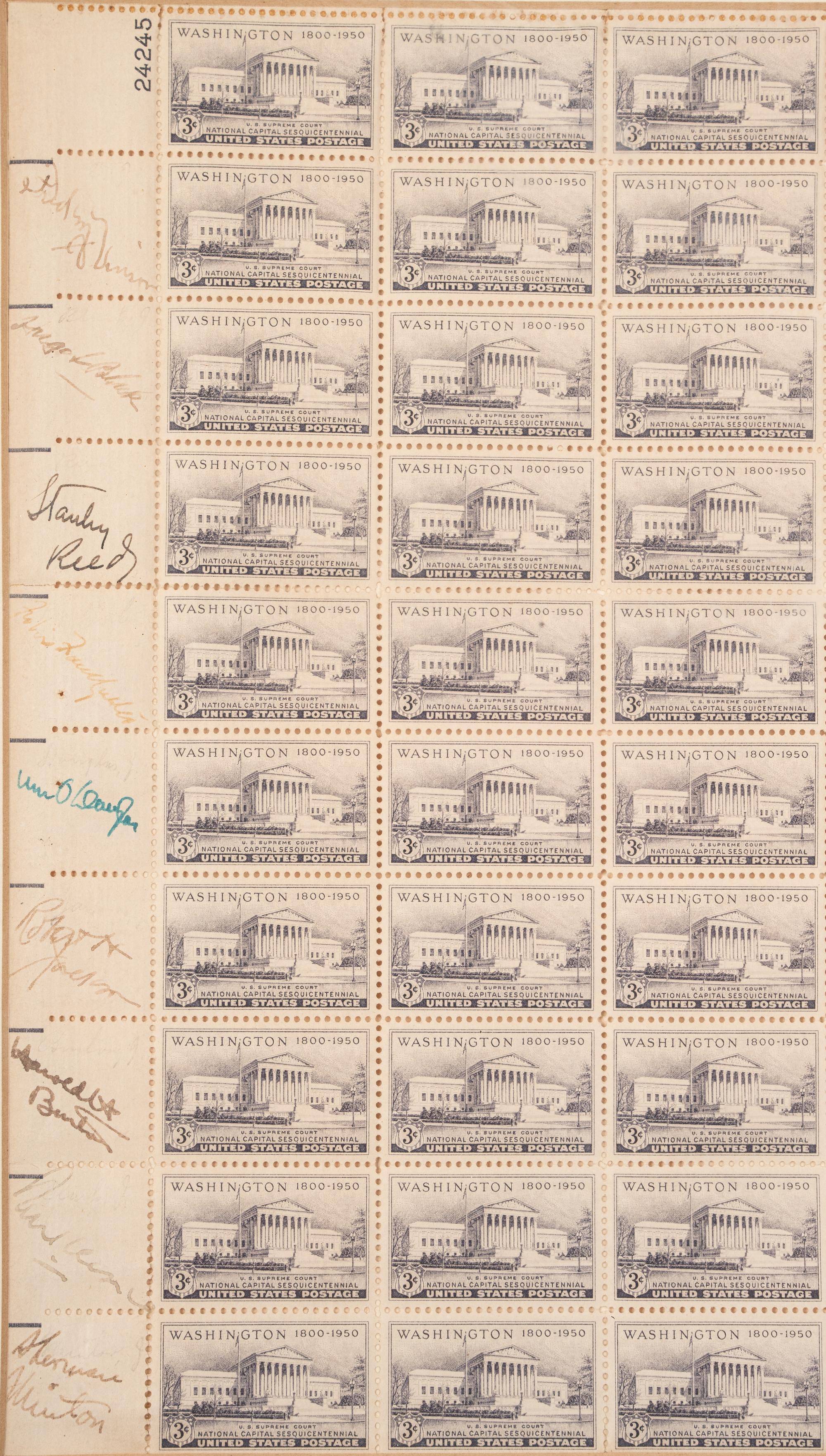 [SUPREME COURT]. Sheet of National Capital Centennial stamps SIGNED BY THE NINE JUSTICES OF THE VINSON COURT. [Washington, D.C.], ca 1949.