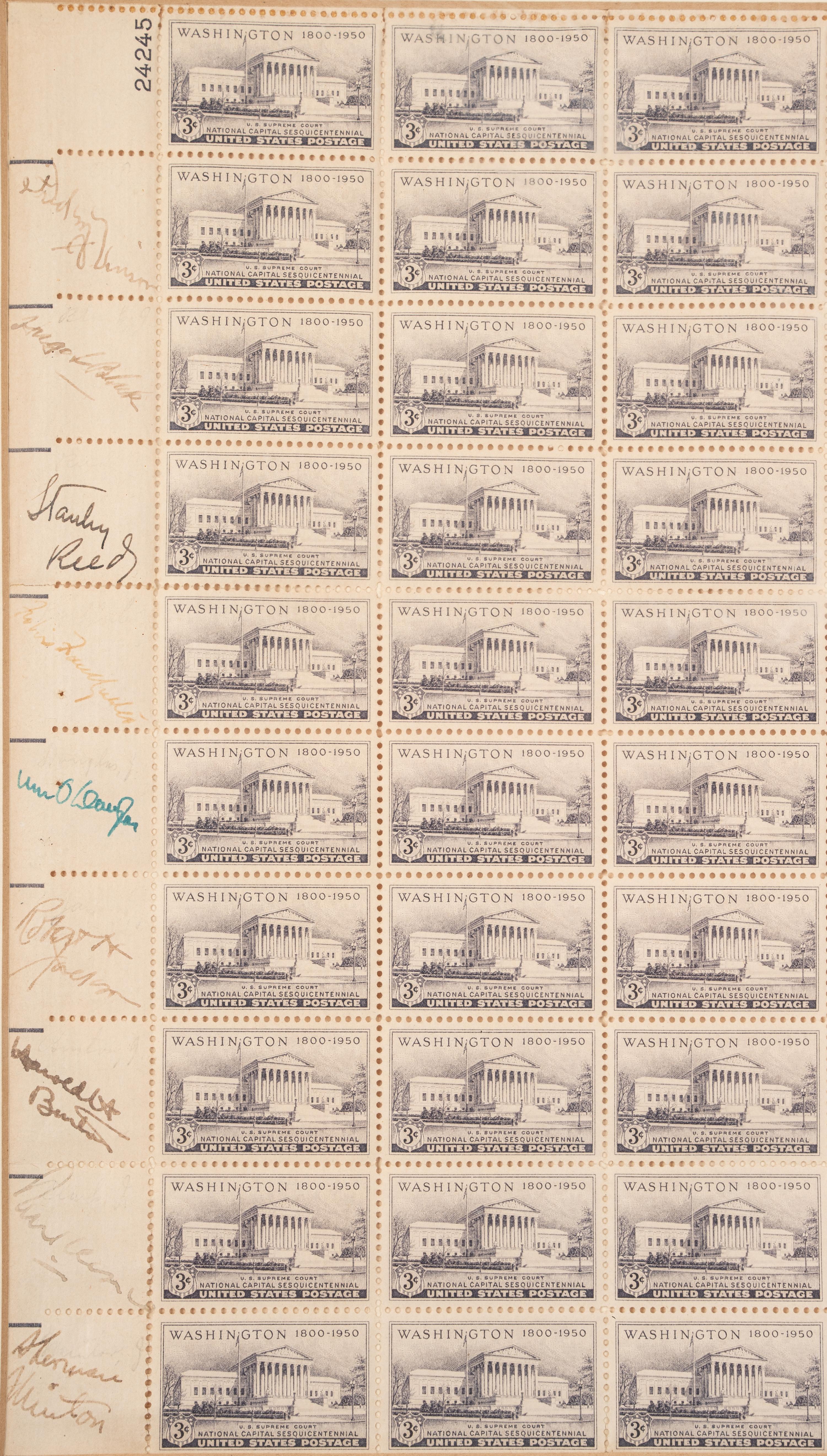[SUPREME COURT]. Sheet of National Capital Centennial stamps SIGNED BY THE NINE JUSTICES OF THE VINSON COURT. [Washington, D.C.], ca 1949.