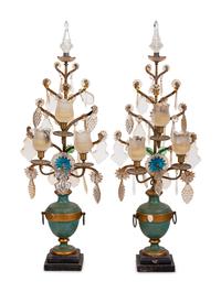 A Pair of Italian Painted Wood and Glass Three-Light Candelabra