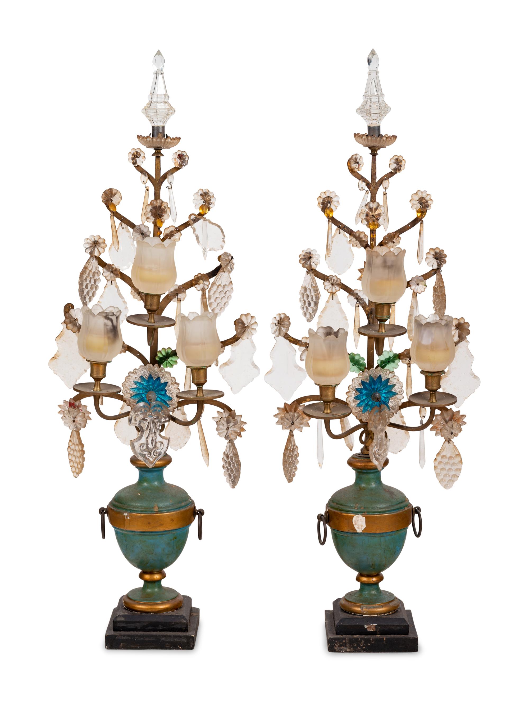 A Pair of Italian Painted Wood and Glass Three-Light Candelabra