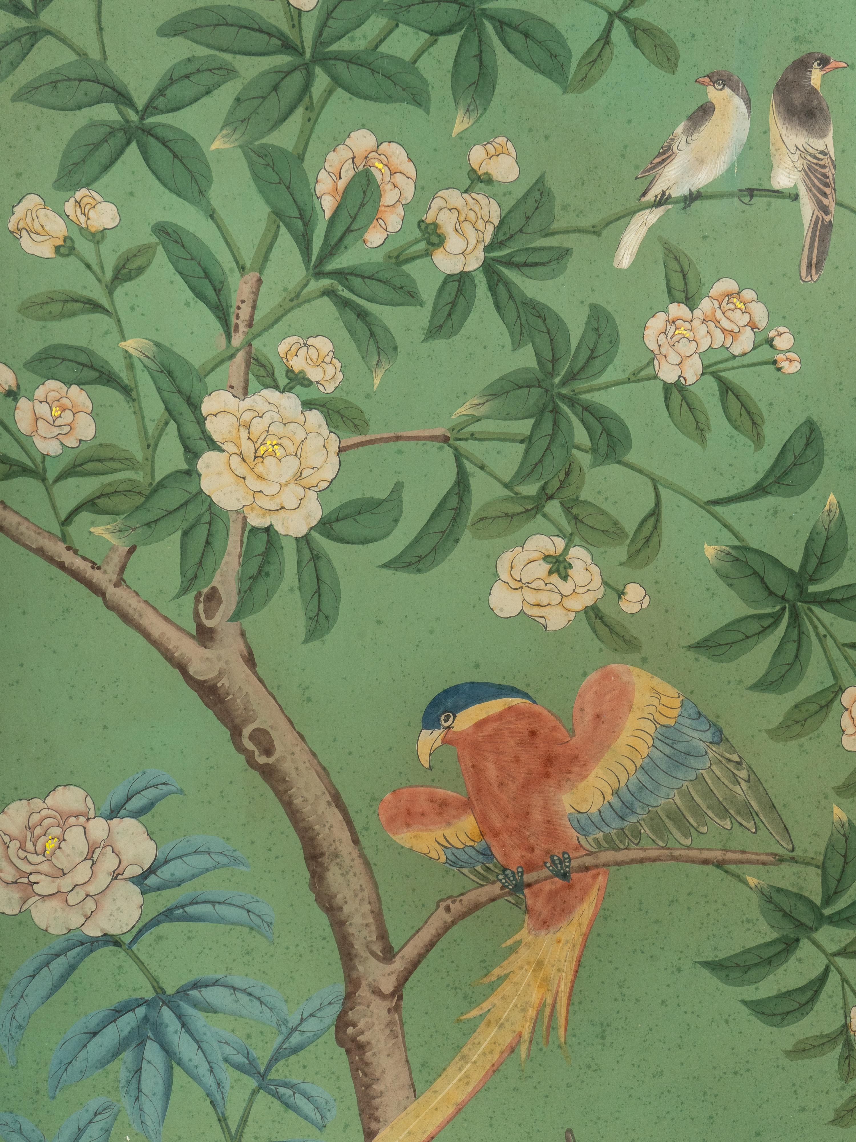 A Pair of Hand-Painted Chinoiserie Wallpaper Panels in Carved Gilt Wood Frames