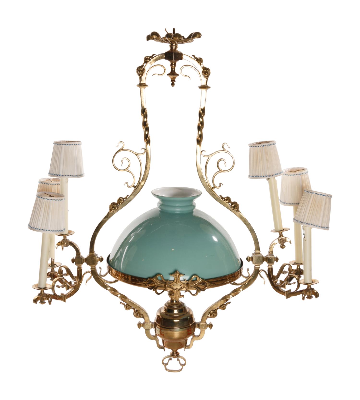 A Victorian Colored Glass Mounted Gilt Bronze Five-Light Ceiling Fixture