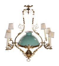 A Victorian Colored Glass Mounted Gilt Bronze Five-Light Ceiling Fixture