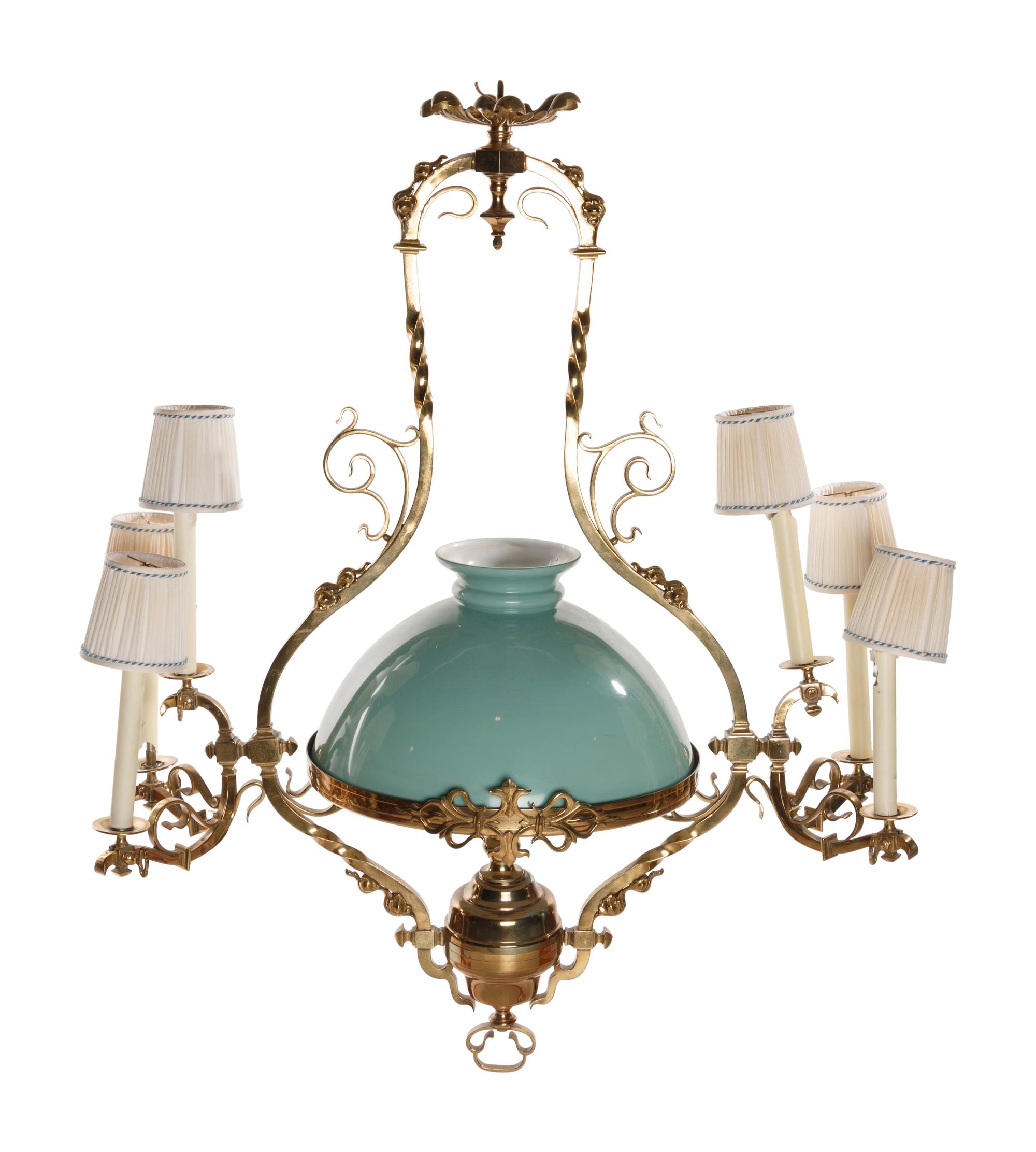 A Victorian Colored Glass Mounted Gilt Bronze Five-Light Ceiling Fixture