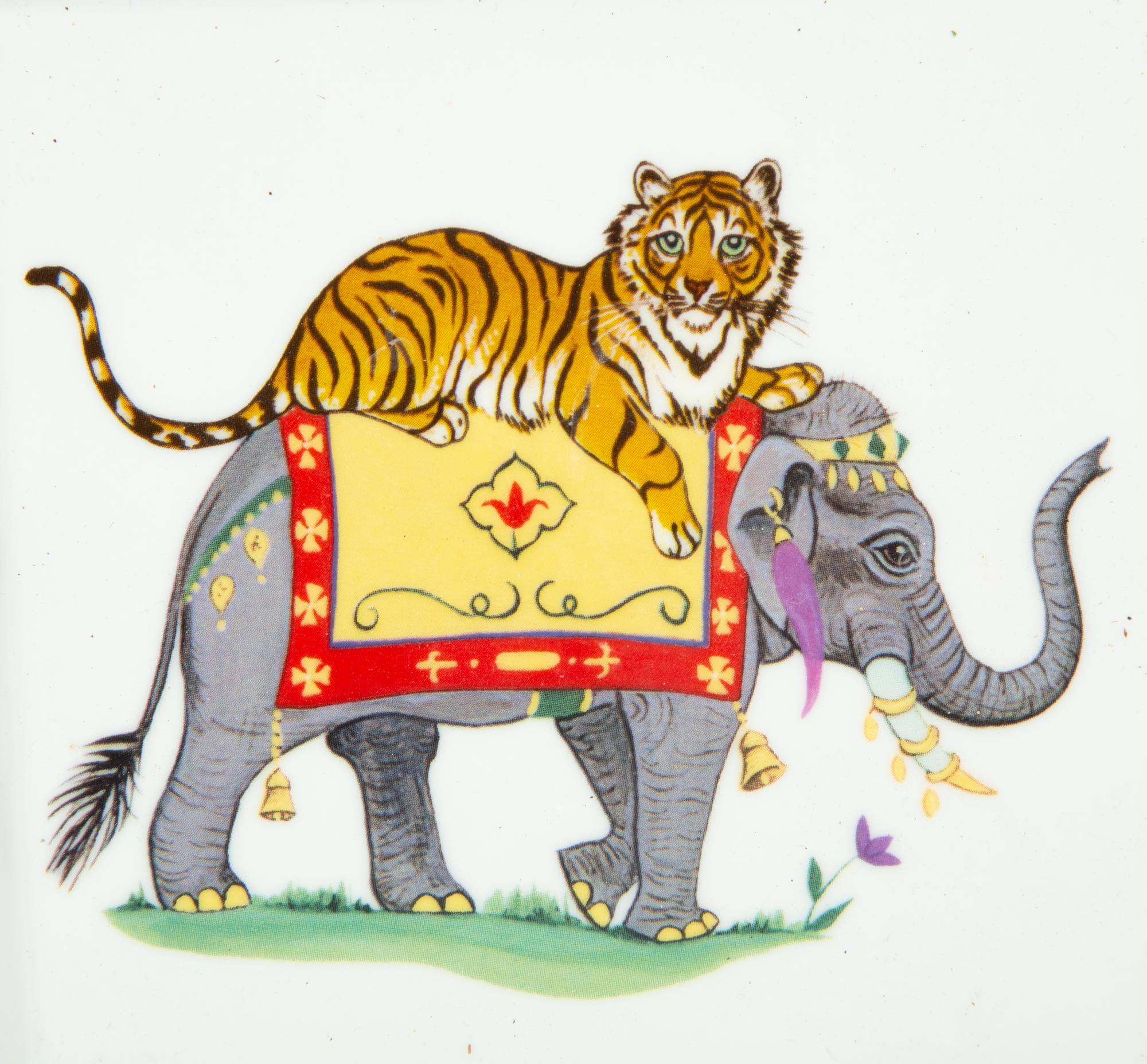 Twelve Lynn Chase Tiger Raj Dinner Plates and a Square Bowl