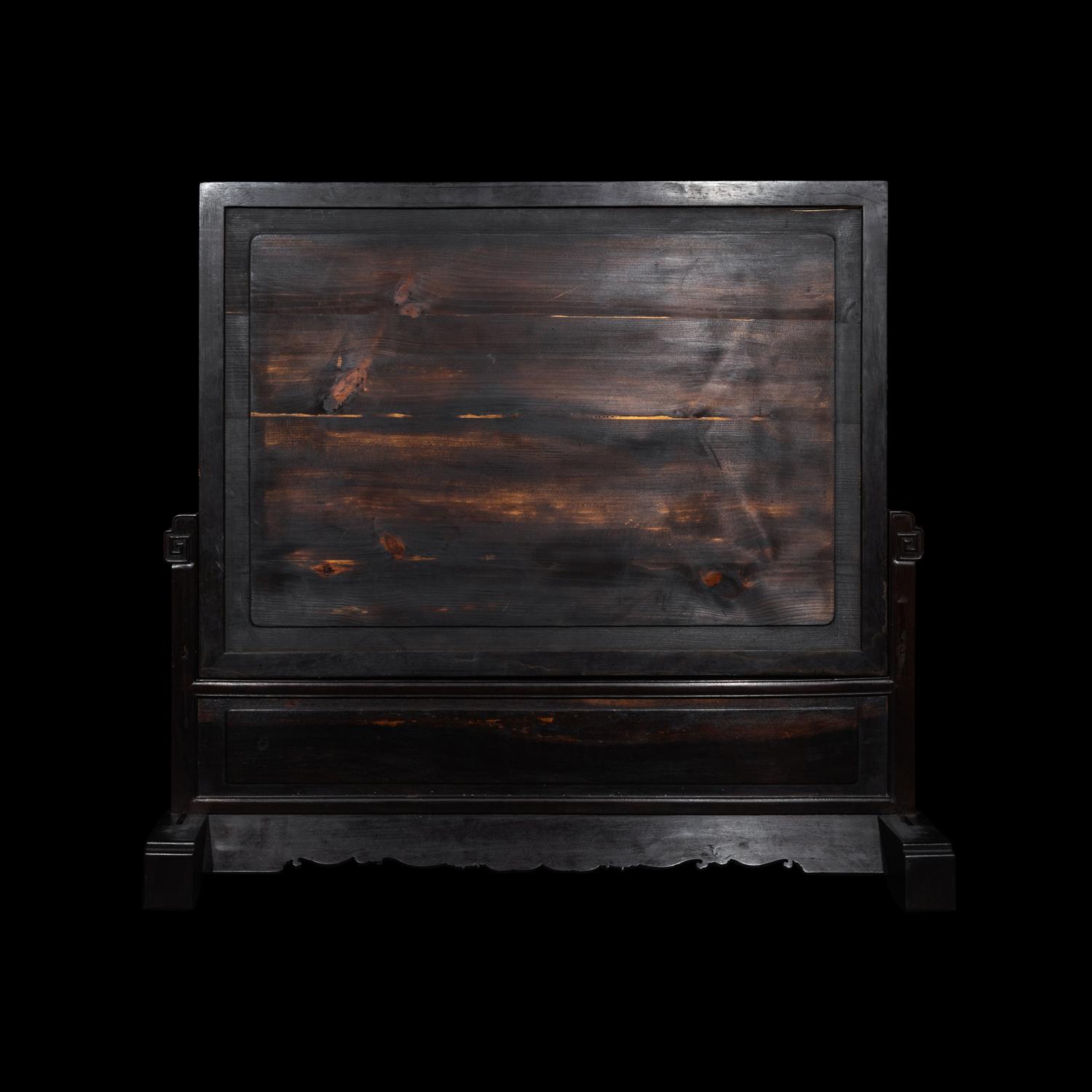 A Large Chinese Cloisonne Enamel and Carved Hardwood Wood Table Screen, 20th Century 近代 掐絲琺琅秋林書屋圖插屏