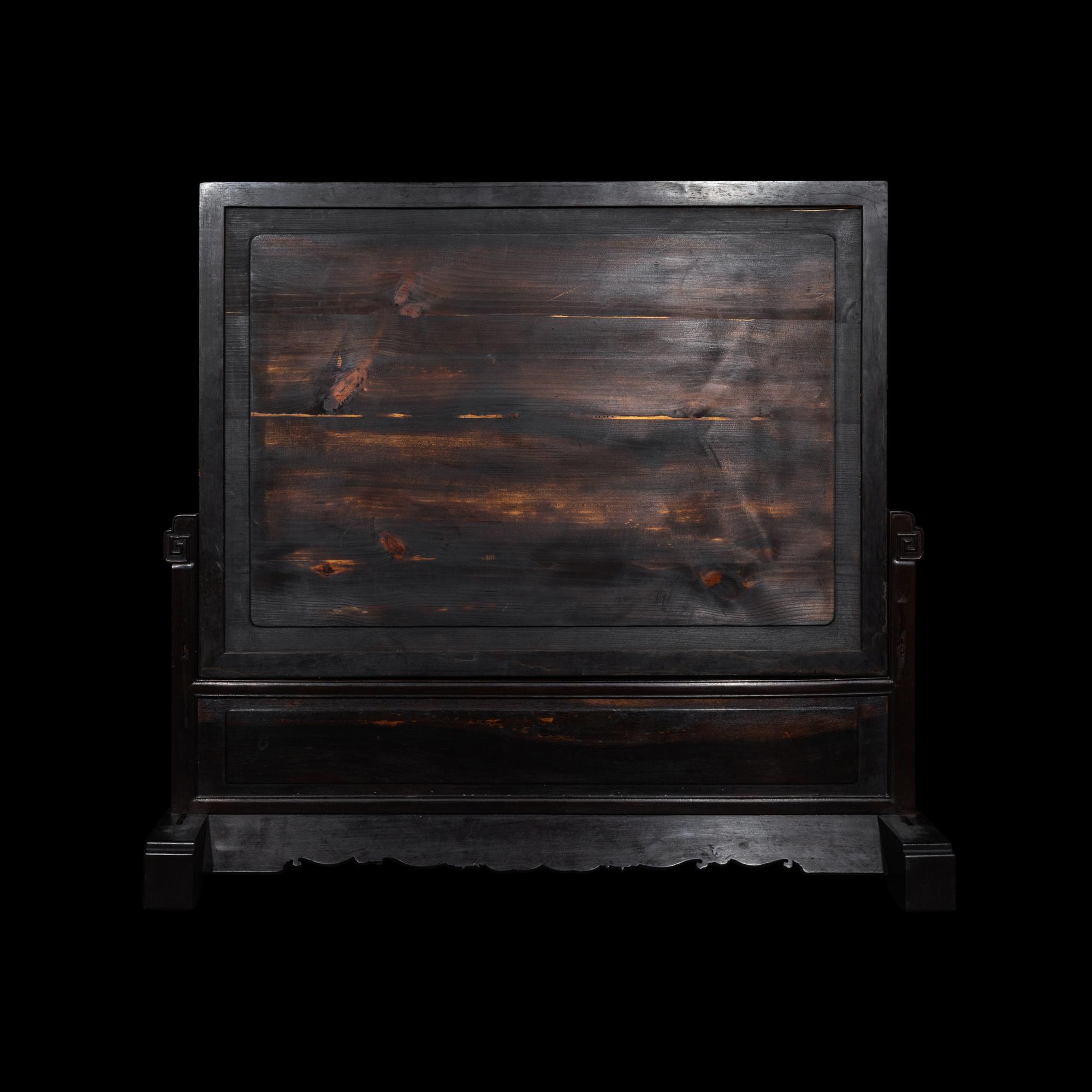 A Large Chinese Cloisonne Enamel and Carved Hardwood Wood Table Screen, 20th Century 近代 掐絲琺琅秋林書屋圖插屏
