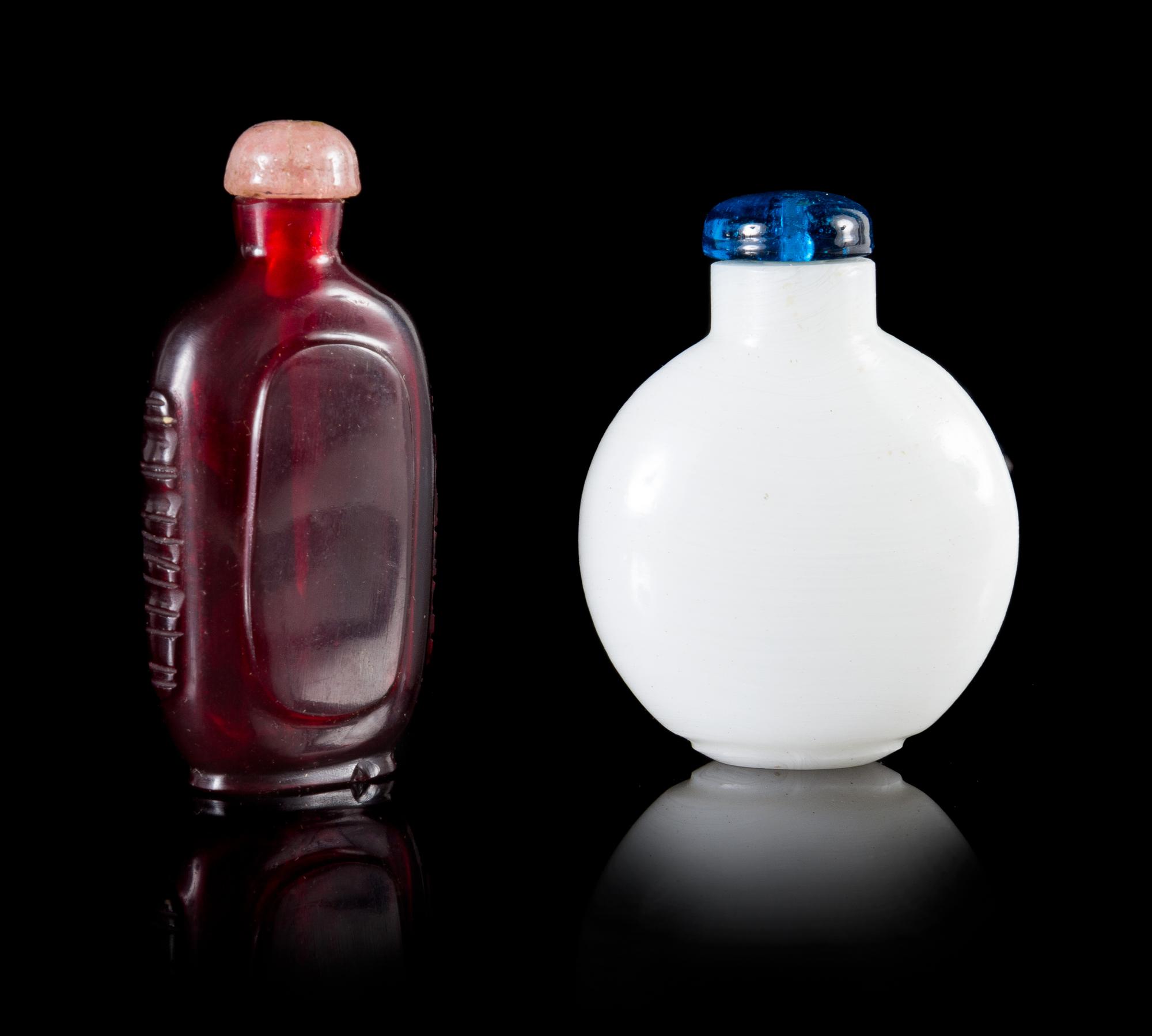 Two Glass Snuff Bottles Height of larger 2 7/8 inches.