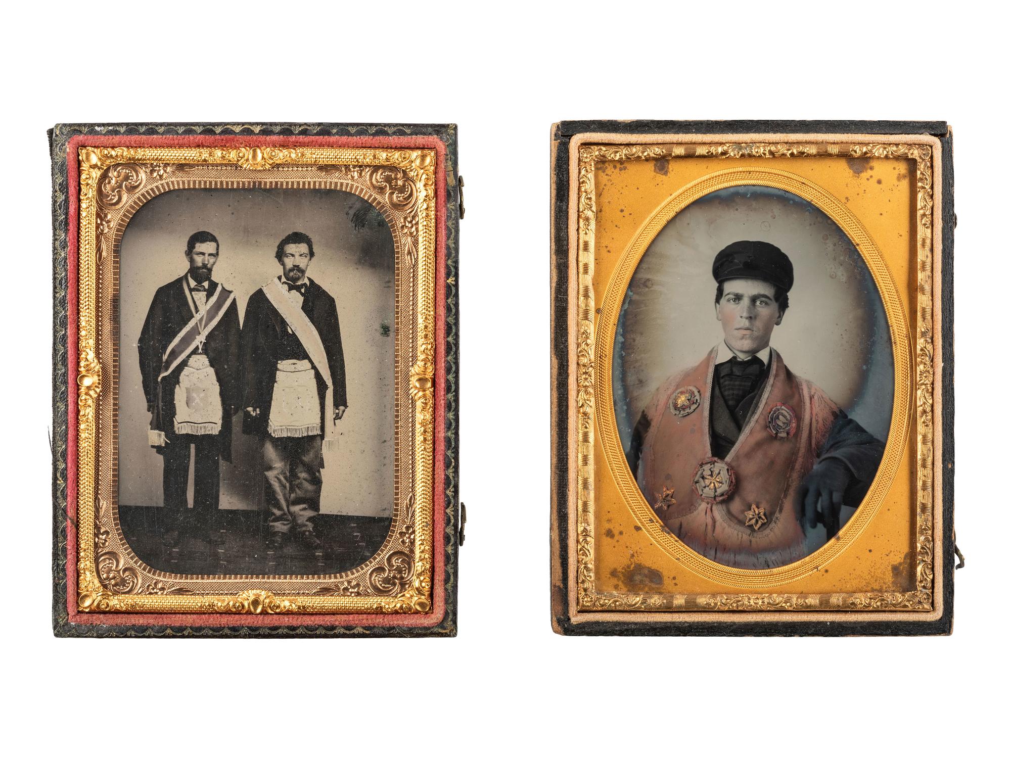 [EARLY PHOTOGRAPHY]. A pair of quarter plate ambrotype portraits of men wearing fraternal regalia.