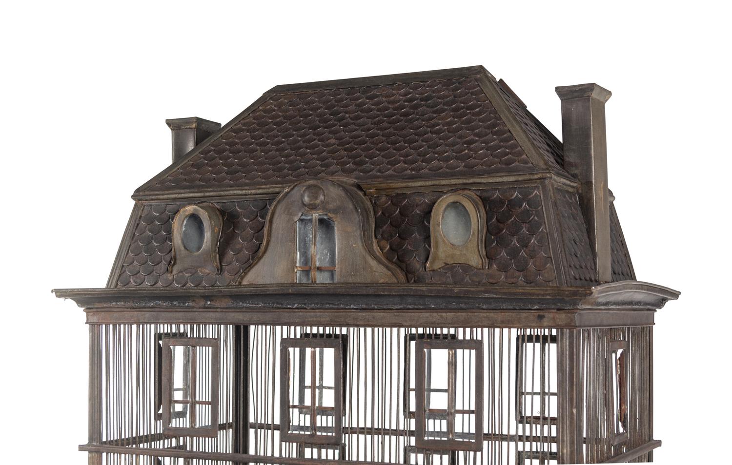 A Large French Grey-Painted Metal Chateau-Form Birdcage