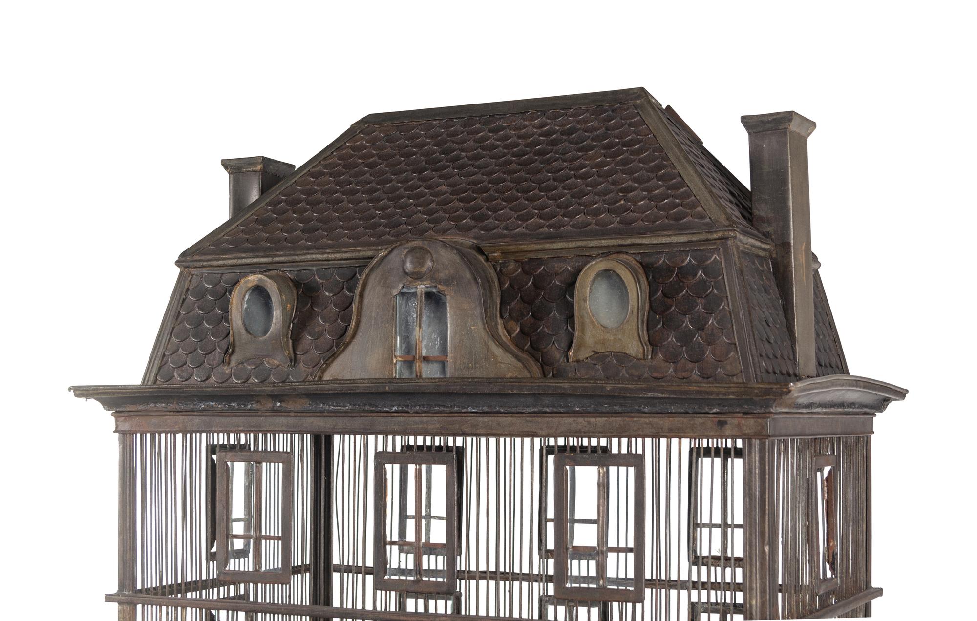 A Large French Grey-Painted Metal Chateau-Form Birdcage