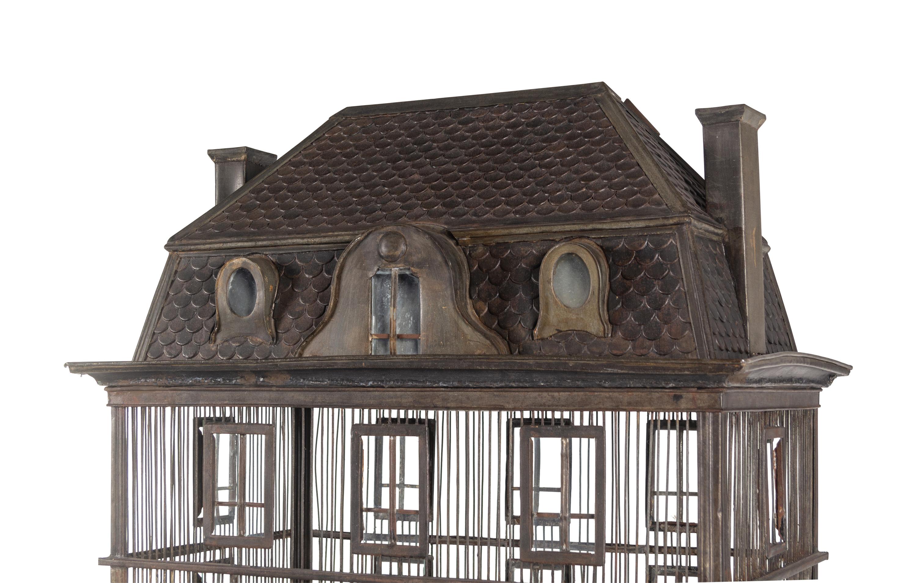 A Large French Grey-Painted Metal Chateau-Form Birdcage