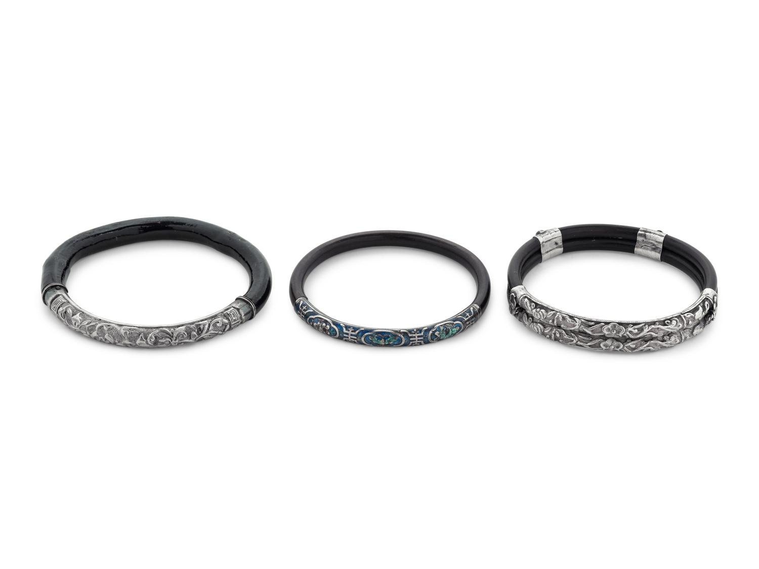 Three Chinese Silver Mounted Cane Bangles