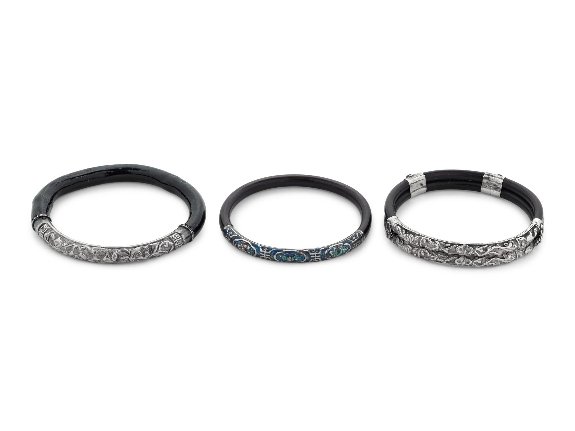 Three Chinese Silver Mounted Cane Bangles